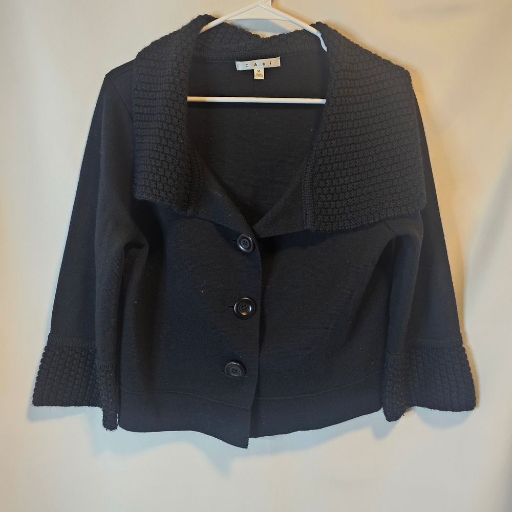 Cabi Cardigan Sweater Size M Black Textured Wool Blend Dark Academia Style 502